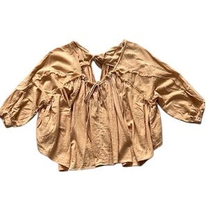 Free People Flowy Boho Drape Tie Shirt Top Orange 100% Cotton Womens Small